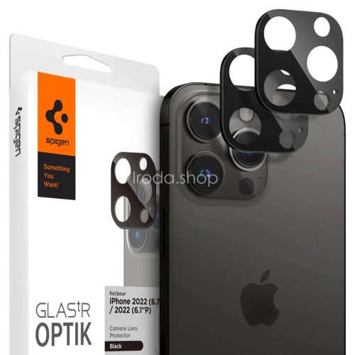 Apple iPhone 14 Pro / 14 Pro Max, Kamera lencsevédő fólia, ütésálló fólia, Tempered Glass (edzett üveg), Spigen Glastr Optik, fekete, 2 db / csomag