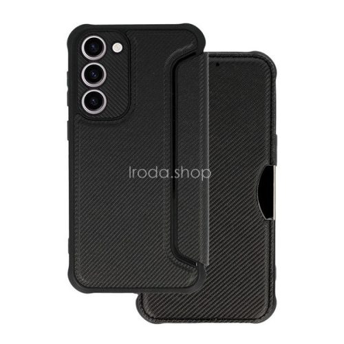 Samsung Galaxy A14 4G / A14 5G SM-A145F / A146B, Oldalra nyíló tok, légpárnás sarok, bőrhatású, karbon minta, Razor Book, fekete