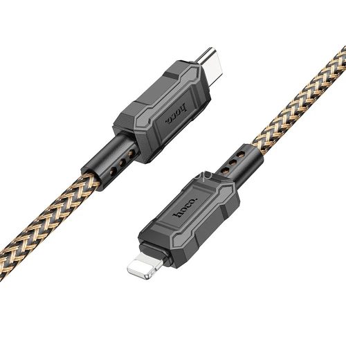 USB Type-C töltő- és adatkábel, Lightning, 100 cm, 2400mA, 20W, törésgátlóval, gyorstöltés, PD, QC, cipőfűző minta, Hoco X94 Leader, arany