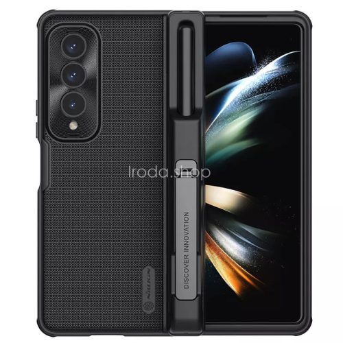 Samsung Galaxy Z Fold4 5G SM-F936B, Műanyag hátlap védőtok, szilikon keret, légpárnás sarok, kitámasztó, Ceruza tartó, Nillkin Super Frosted Shield Fold, fekete