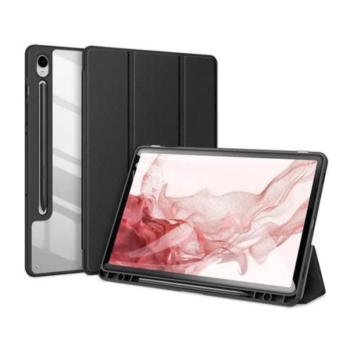Samsung Galaxy Tab S9 11.0 SM-X710 / X716B, mappa tok, Trifold, légpárnás sarok, közepesen ütésálló, érintőceruza tartó, átlátszó hátlap, Dux Ducis Toby, fekete
