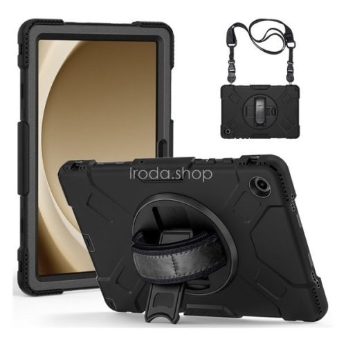 Samsung Galaxy Tab A9 Plus (11.0) SM-X210 / X215 / X216B, Műanyag hátlap védőtok, szilikon belső, kitámasztóval, kézpánt, vállpánt, Defender, fekete