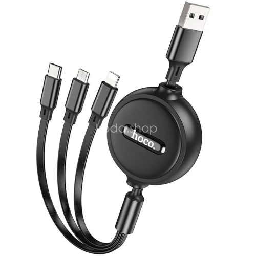 USB töltő- és adatkábel 3in1, USB Type-C, Lightning, microUSB, 100 cm, 2000mA, lapos, feltekerhető, Hoco X75, fekete