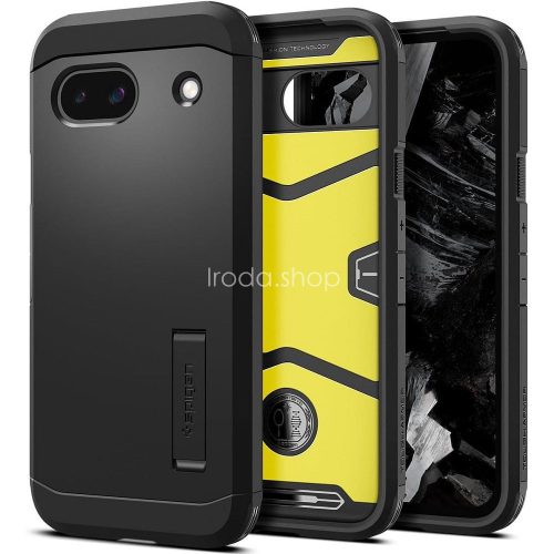 Google Pixel 8a, Szilikon tok + műanyag hátlap, kitámasztóval, Spigen Tough Armor, fekete