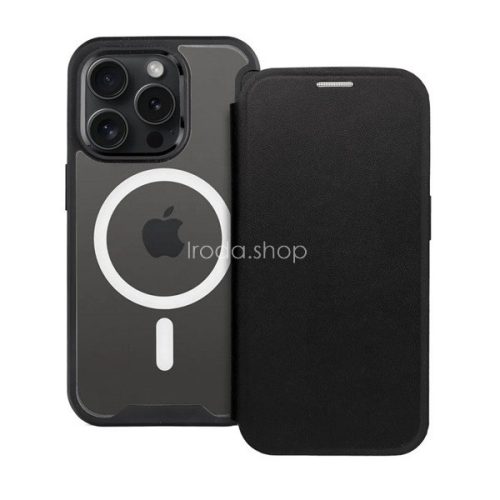 Apple iPhone 15 Plus, Oldalra nyíló tok, kártyatartóval, átlátszó hátlap, Magsafe kompatibilis, Smart Mag, fekete