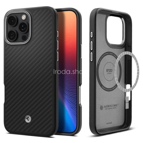 Apple iPhone 16 Pro, Szilikon tok, közepesen ütésálló, aramid szállal, Magsafe töltővel kompatibilis, karbon minta, Spigen Enzo Aramid, fekete/ezüst