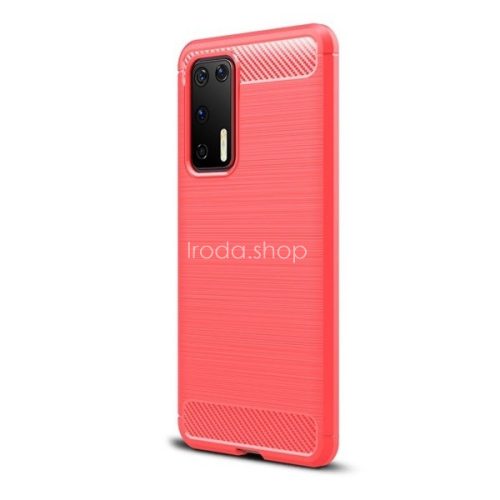 Huawei P40, Szilikon tok, közepesen ütésálló, szálcsiszolt, karbon minta, piros