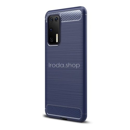 Huawei P40, Szilikon tok, közepesen ütésálló, szálcsiszolt, karbon minta, sötétkék