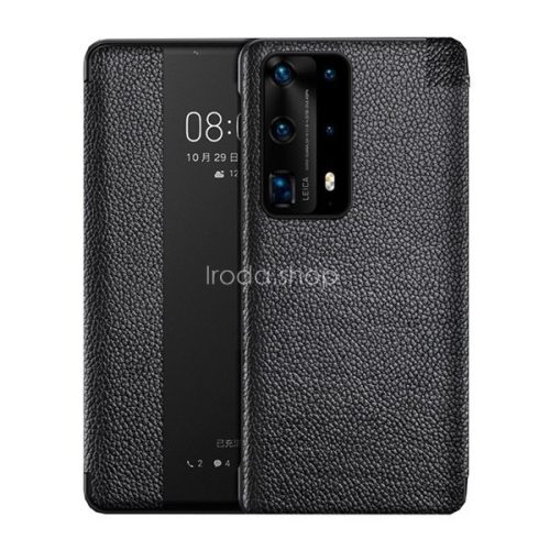 Huawei P40, Oldalra nyíló tok, valódi bőrtok, hívás mutatós, érdes felület, Smart View Cover, fekete (utángyártott)