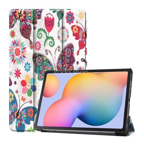 Samsung Galaxy Tab S6 Lite 10.4 (2020 / 2022 / 2024) SM-P610 / P615 / P613 / P619 / P620 / P625, mappa tok, Trifold, színes nagy pillangó minta, fehér