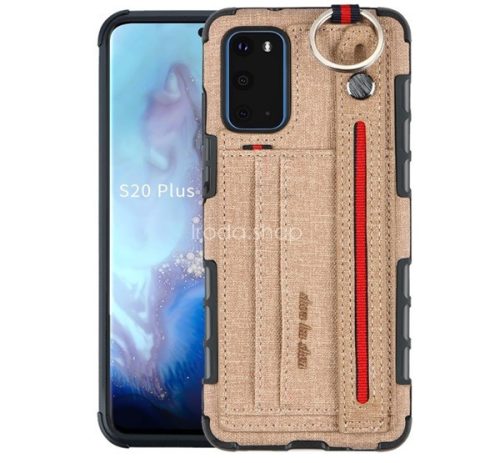 Samsung Galaxy S20 / S20 5G SM-G980 / G981, Szilikon tok, közepesen ütésálló, stand, textil hátlap, felakasztható, kézpánttal, világosbarna