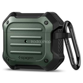   Bluetooth fülhallgató töltőtok tartó, szilikon, vezeték nélküli töltés támogatás, karabiner, Apple AirPods 3 kompatibilis, Spigen Tough Armor, sötétzöld