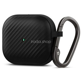   Bluetooth fülhallgató töltőtok tartó, szilikon, vezeték nélküli töltés támogatás, karabiner, karbon minta, Apple AirPods 3 kompatibilis, Spigen Core Armor, fekete