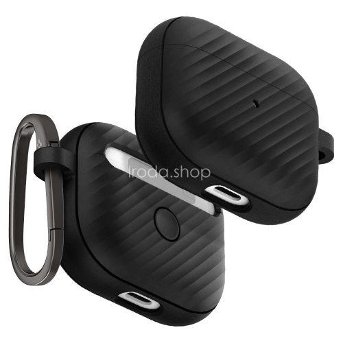 Bluetooth fülhallgató töltőtok tartó, szilikon, vezeték nélküli töltés támogatás, karabiner, karbon minta, Apple AirPods 3 kompatibilis, Spigen Core Armor, fekete