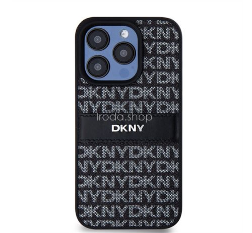 DKNY PU Leather Repeat Pattern Tonal Stripe Apple iPhone 14 Pro hátlap tok, fekete