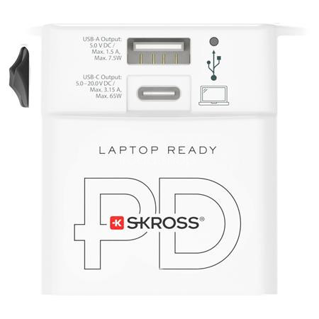 Adapter, világutazóknak, 1xUSB-A, 1xUSB-C PD, 65W, USB-C kábel, SKROSS