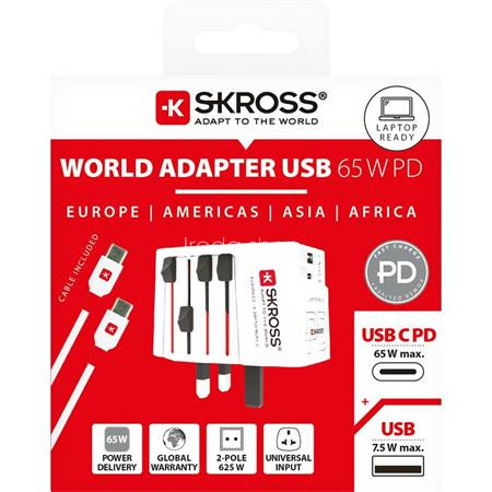 Adapter, világutazóknak, 1xUSB-A, 1xUSB-C PD, 65W, USB-C kábel, SKROSS