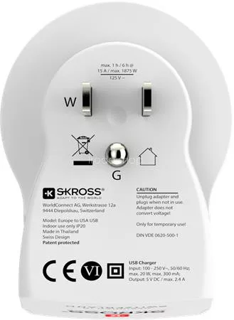 Adapter, Egyesült Államokba utazóknak, USB, földelt, SKROSS