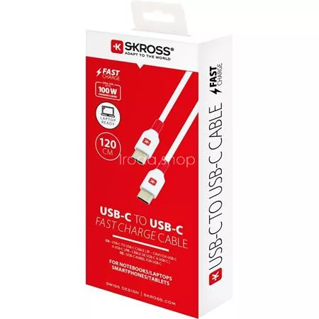 USB kábel, USB-C - USB-C, 1,2m, 100W, SKROSS, fehér