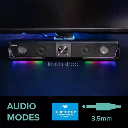 Hangszóró, 12W, 2x3.5 mm jack + USB-A, SPEEDLINK "GRAVITY RGB Stereo Soundbar", fekete