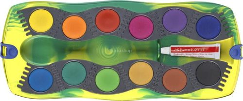 Vízfesték, 12 darabos, összeilleszthető, FABER-CASTELL "Dinoszaurusz"+1 tubus fehér tempera + dinoszaurusz matrica
