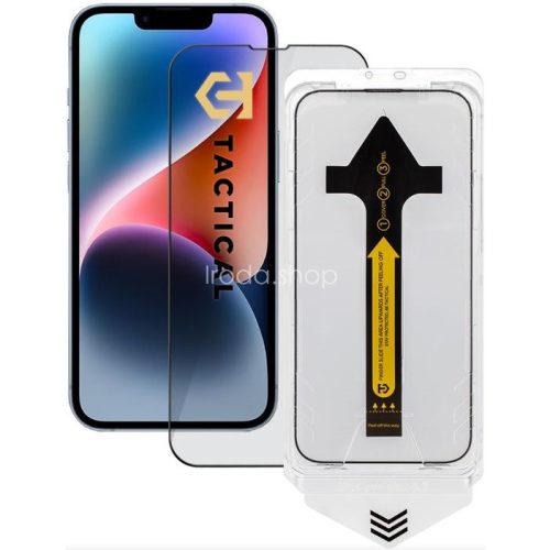 Apple iPhone 13 / 13 Pro / 14 / 16e, Kijelzővédő fólia, ütésálló fólia (az íves részre is!), Tempered Glass (edzett üveg), segéd kerettel, Tactical Impact Barrier, fekete