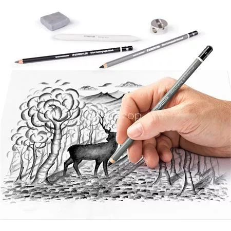 Grafit- és szénceruza készlet, kiegészítőkkel, 12 darabos, STAEDTLER "Mars® Lumograph® 100C"
