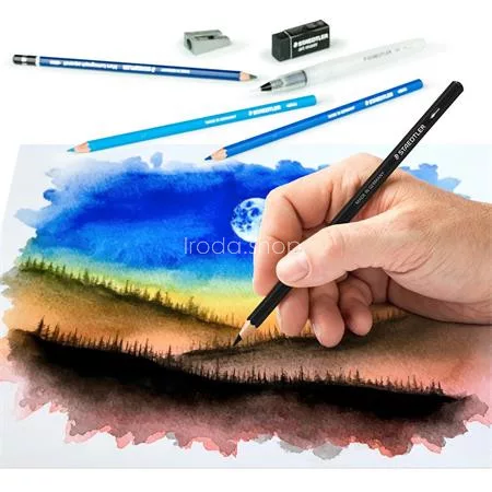 Akvarell ceruza készlet, ecsettel, radírral, hegyezővel, grafitceruzával, STAEDTLER® "146 10C", 12 különböző szín