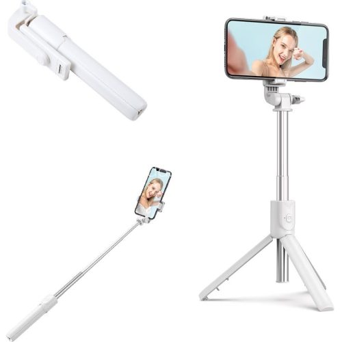 Prémium selfie bot, 19 - 70 cm, 360°-ban forgatható, exponáló gombbal, bluetooth-os, v4.0, tripod állvány funkció, R1, fehér