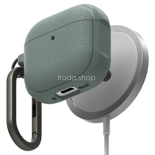 Bluetooth fülhallgató töltőtok tartó, szilikon, vezeték nélküli töltés támogatás, Magsafe kompatibilis, karabiner, Apple AirPods 4 kompatiblis, Ringke Onyx Magnetic, zöld