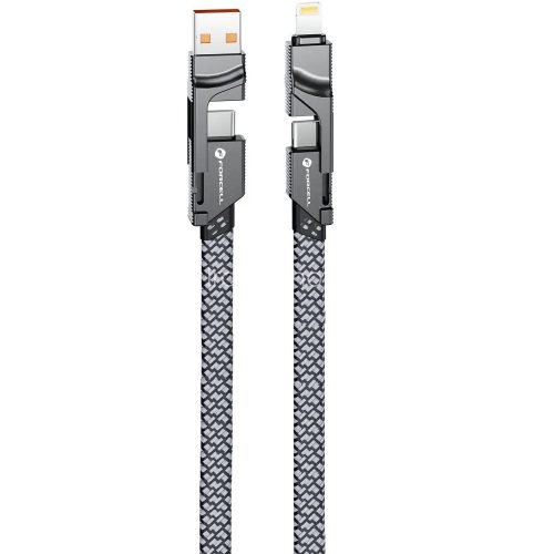 USB Type-C / USB töltő- és adatkábel 4in1, USB Type-C / Lightning, 100 cm, 3000 mA, 60W, változtatható töltőfej, törésgátló, lapos, gyorstöltés, cipőfűző minta, Forcell F-Energy C241, szürke
