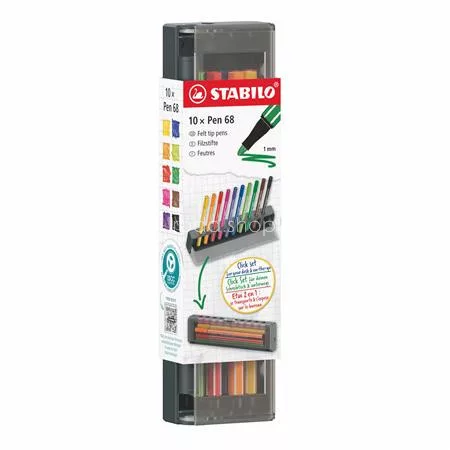 Filctoll készlet, 1 mm, STABILO "Pen 68", 10 db-os asztali készlet