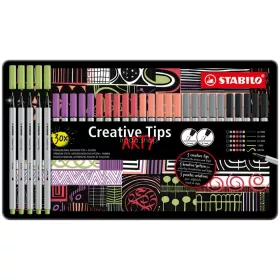   Tűfilc készlet, fém doboz, STABILO "Creative Tips ARTY", 6 különböző pasztell szín, 5 különböző vastagság