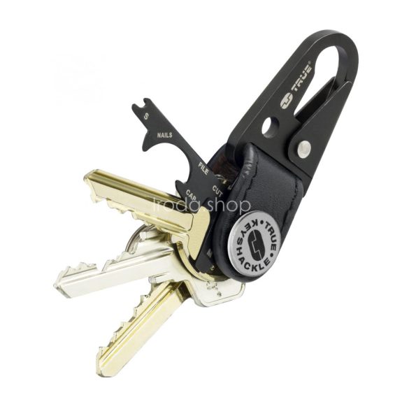 True Utility Keyshackle, TU921, 7 in 1, multifunkcionális szerszám, csavarhúzó, fekete titániumbevonatú karabiner , valódi bőr