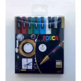   Dekormarker készlet, 0,9-1,3 mm, UNI "Posca PC-3M Holiday", 8 különböző szín