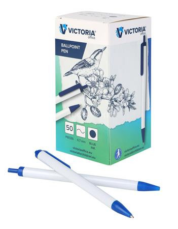 Golyóstoll, 0,7 mm, nyomógombos, kék-fehér tolltest, VICTORIA OFFICE, kék