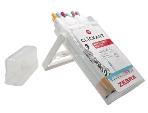 Filctoll készlet, nyomógombos, 0,6 mm, ZEBRA "Clickart" 12 különböző pasztell szín