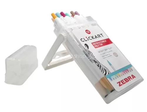 Filctoll készlet, nyomógombos, 0,6 mm, ZEBRA "Clickart" 12 különböző pasztell szín