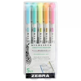   Szövegkiemelő készlet, 1,4/4,0 mm, kétvégű, ZEBRA "Mildliner Fluorescent", 5 szín
