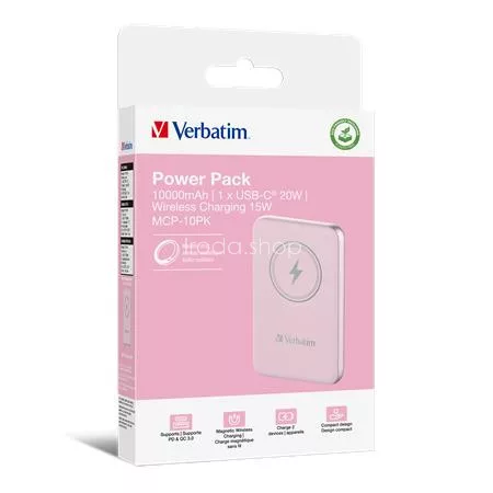 Power bank, mágneses (vezeték nélküli), 10.000mAh, VERBATIM "MCP-10, rózsaszín