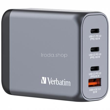 Hálózati töltő, 2xUSB-C PD (100W), USB-C PD (65W), USB-A QC 3.0, EU/UK/US, GaN, VERBATIM