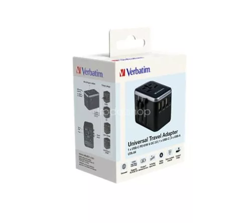 Utazóadapter, univerzális, USB-A(QC 3.0)/USB-C(PD61W)2xUSB, VERBATIM "UTA-04"