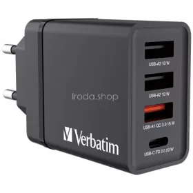   Hálózati töltő, 1xUSB-C PD (20W), USB-A QC 3.0, 2xUSB-A (10W), VERBATIM, fekete